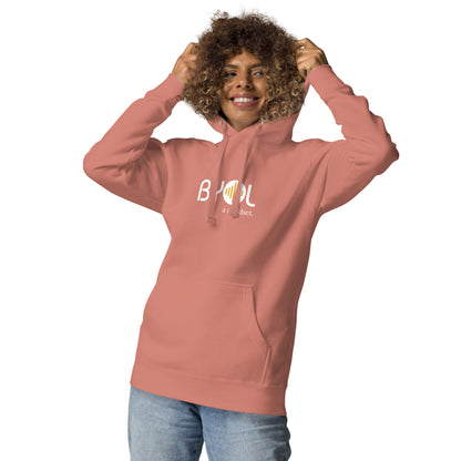 Woman wearing a dusty rose BYOL mindset hoodie with color options in black, dark gray, pink, and light gray, available in sizes S to 2XL.