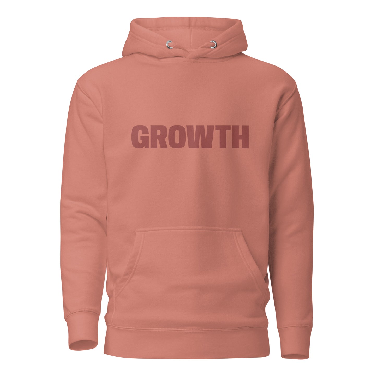 Dusty rose "Growth" printed premium hoodie with front pouch pocket, adjustable drawstrings, and soft fleece lining.