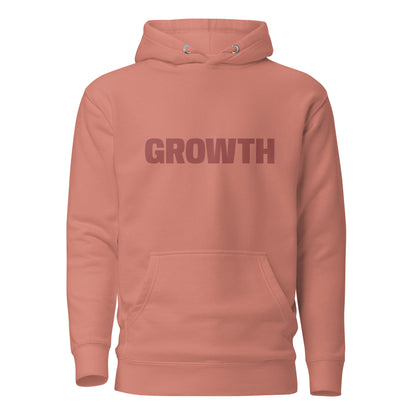 Dusty rose "Growth" printed premium hoodie with front pouch pocket, adjustable drawstrings, and soft fleece lining.