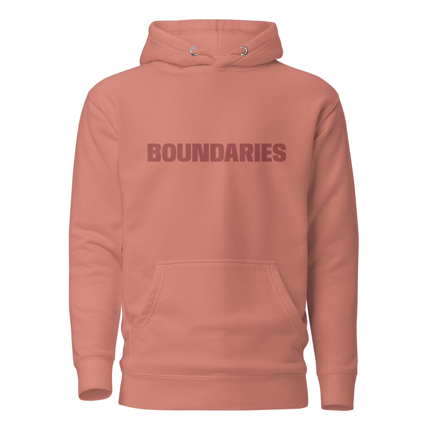 Dusty rose "Boundaries" printed premium hoodie with front pouch pocket, adjustable drawstrings, and soft fleece lining.