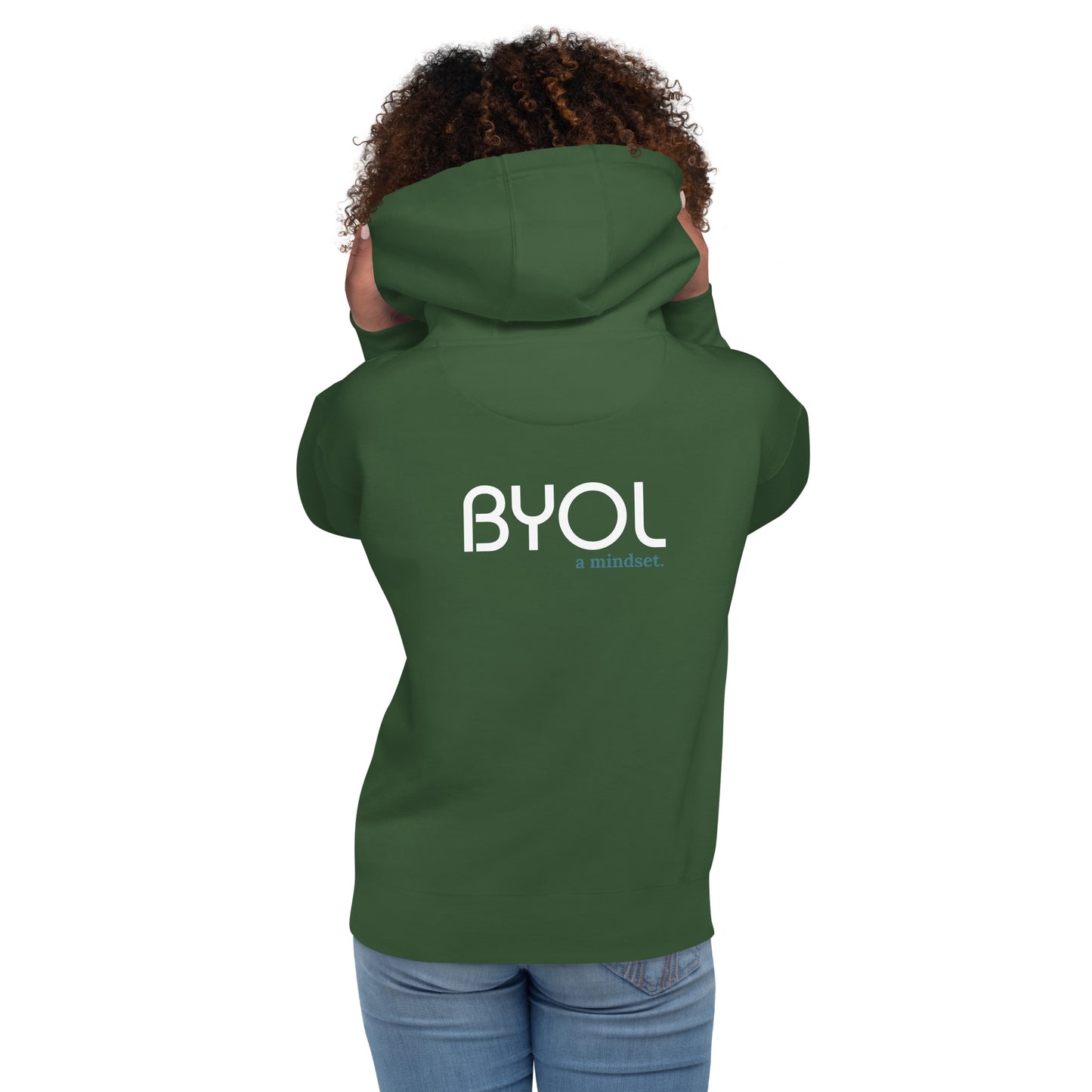 Back view of a woman wearing a green BYOL mindset hoodie with color options in black, maroon, dark gray, and light pink, available in sizes S to 3XL.