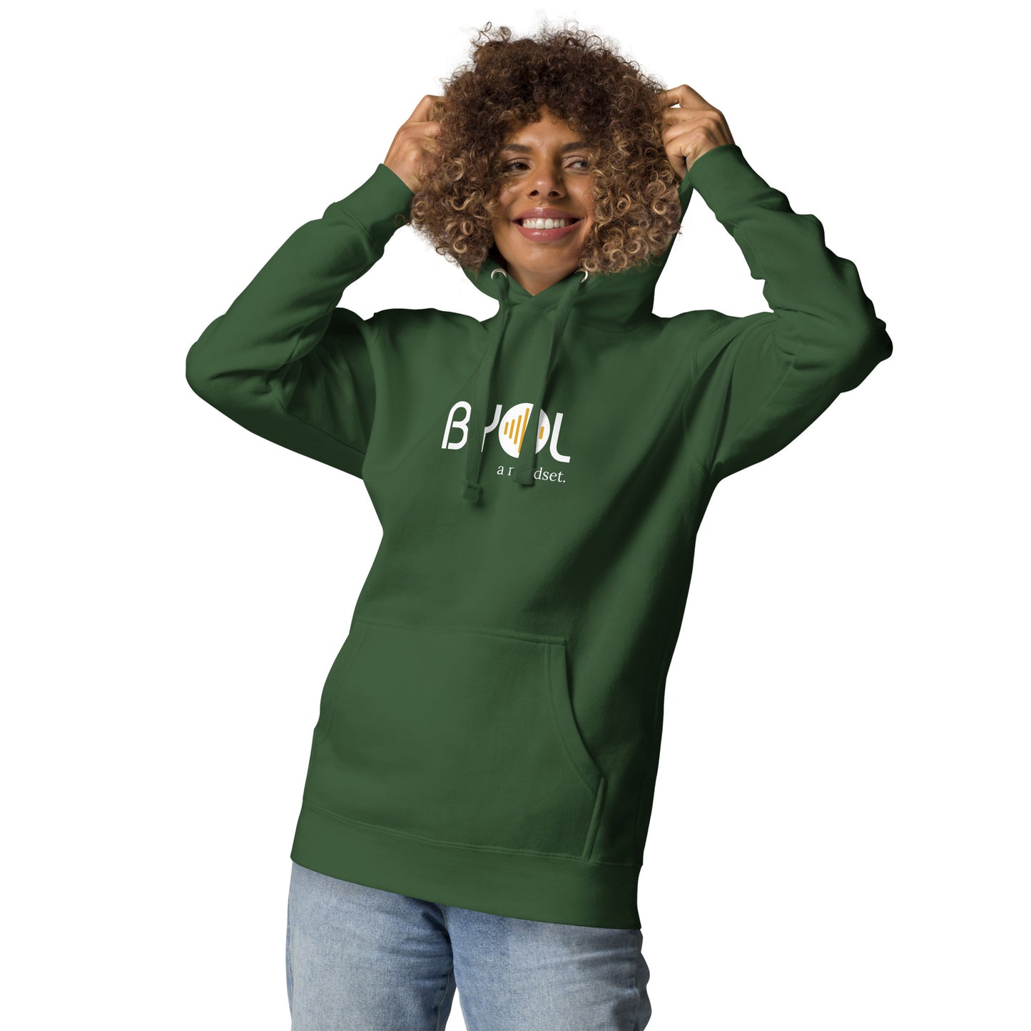 Woman wearing a green BYOL mindset hoodie with color options in black, dark gray, pink, and light gray, available in sizes S to 2XL.