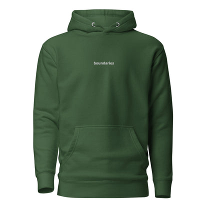 Forest green hoodie with 'boundaries' text on the chest.