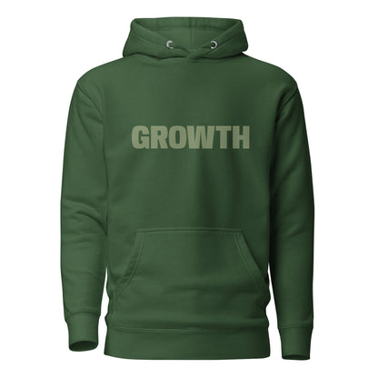 Forest green "Growth" printed premium hoodie with front pouch pocket, adjustable drawstrings, and soft fleece lining.