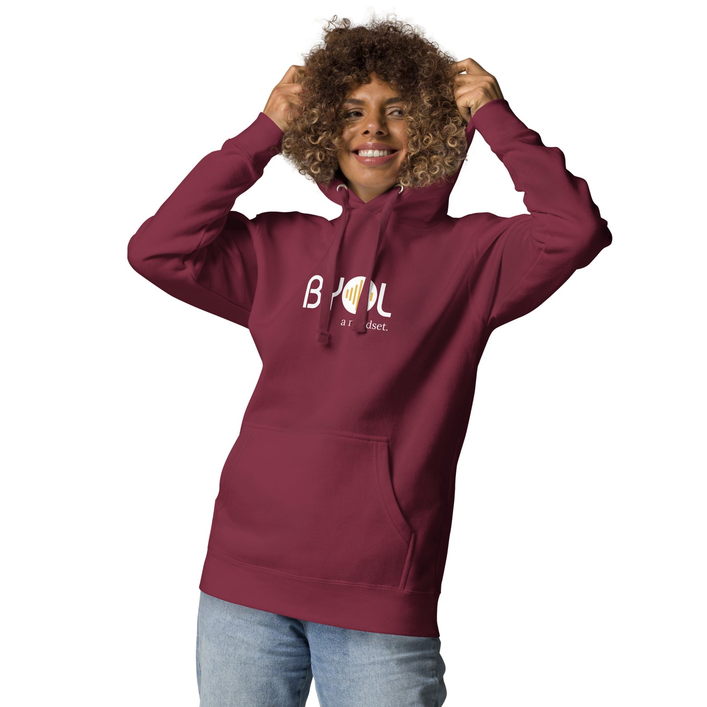 Woman wearing a maroon BYOL mindset hoodie with color options in black, dark gray, pink, and light gray, available in sizes S to 2XL.