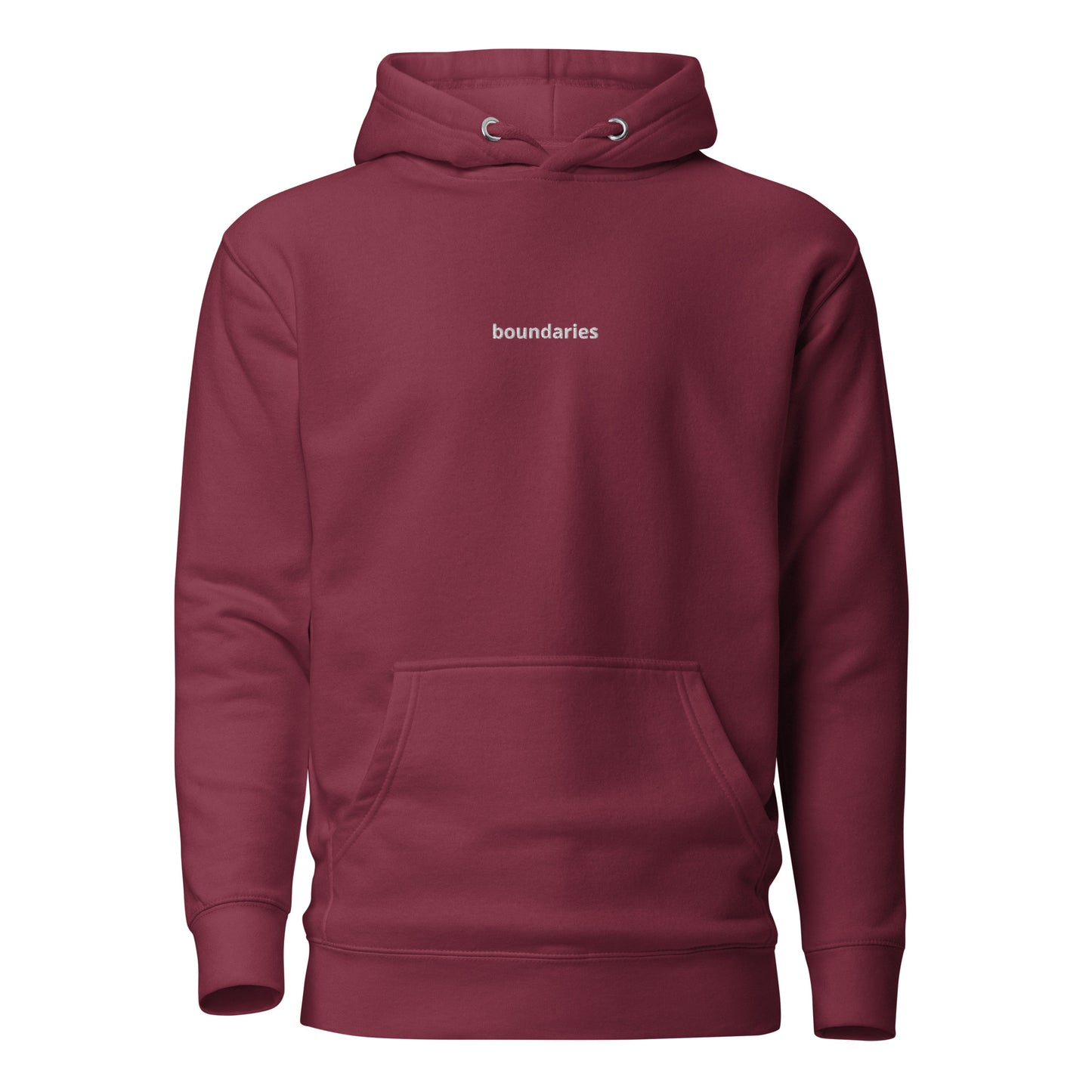 Maroon hoodie with 'boundaries' text on the chest.