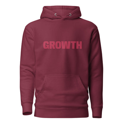 Maroon "Growth" printed premium hoodie with front pouch pocket, adjustable drawstrings, and soft fleece lining.