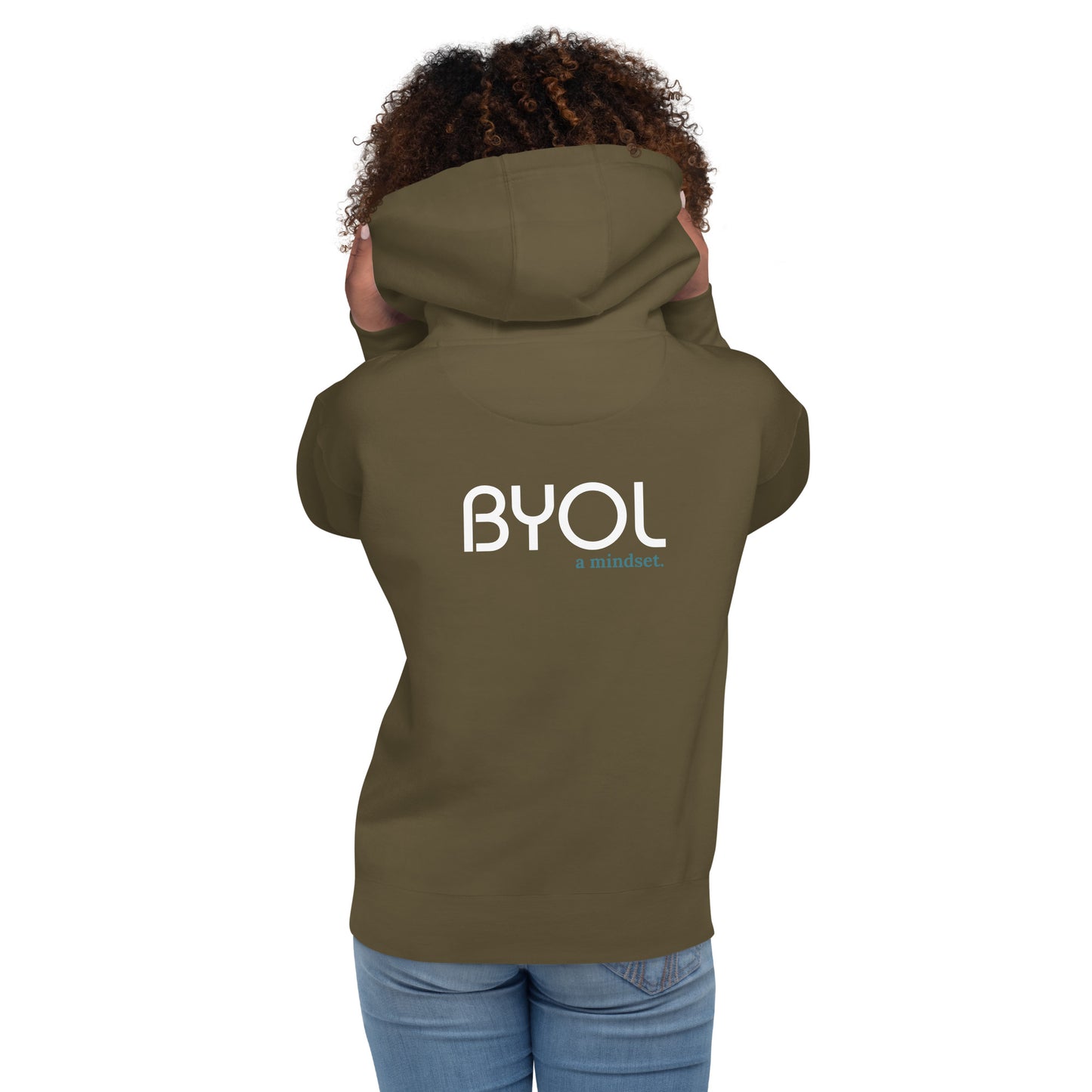 Back view of a woman wearing a military green BYOL mindset hoodie with color options in black, maroon, dark gray, and light pink, available in sizes S to 3XL.