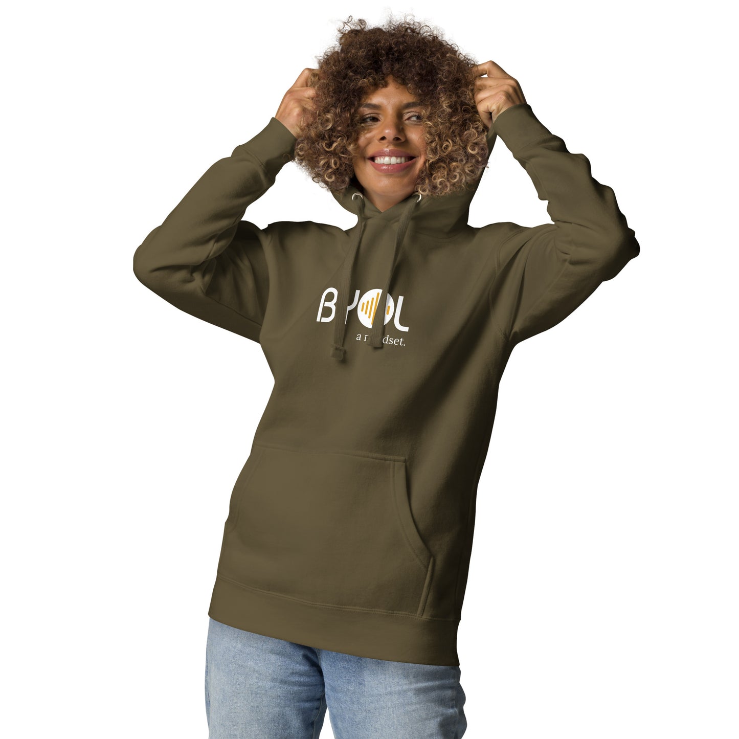 Woman wearing a military green BYOL mindset hoodie with color options in black, dark gray, pink, and light gray, available in sizes S to 2XL.