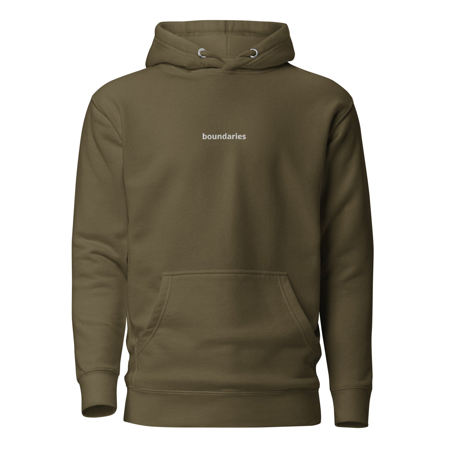 Military green hoodie with 'boundaries' text on the chest.