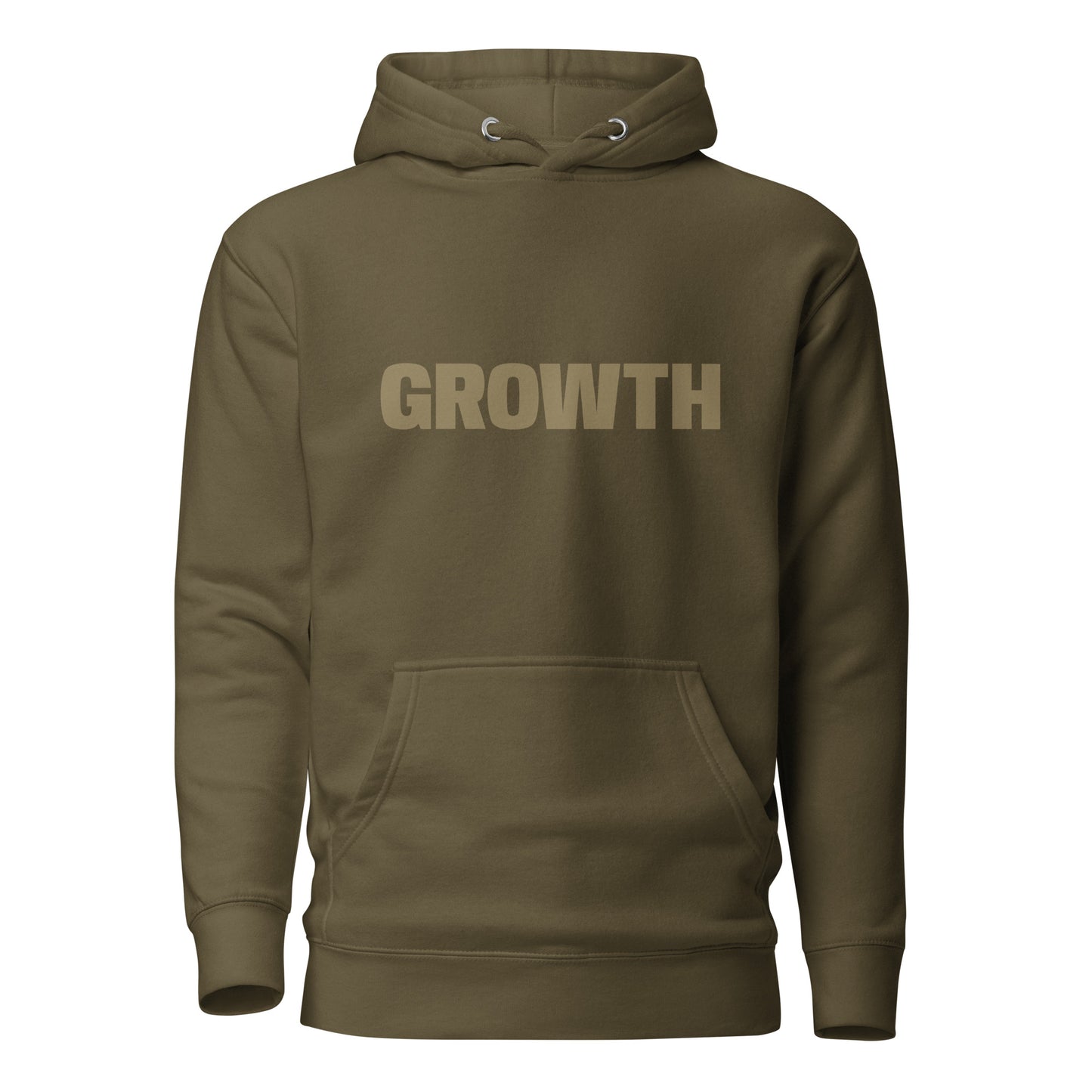 Military green "Growth" printed premium hoodie with front pouch pocket, adjustable drawstrings, and soft fleece lining.