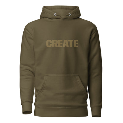 Military green "Create" printed premium hoodie with front pouch pocket, adjustable drawstrings, and soft fleece lining.