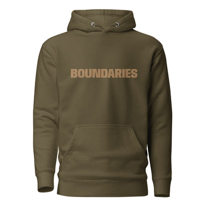 Military "Boundaries" printed premium hoodie with front pouch pocket, adjustable drawstrings, and soft fleece lining.