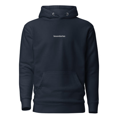 Navy blue hoodie with 'boundaries' text on the chest.