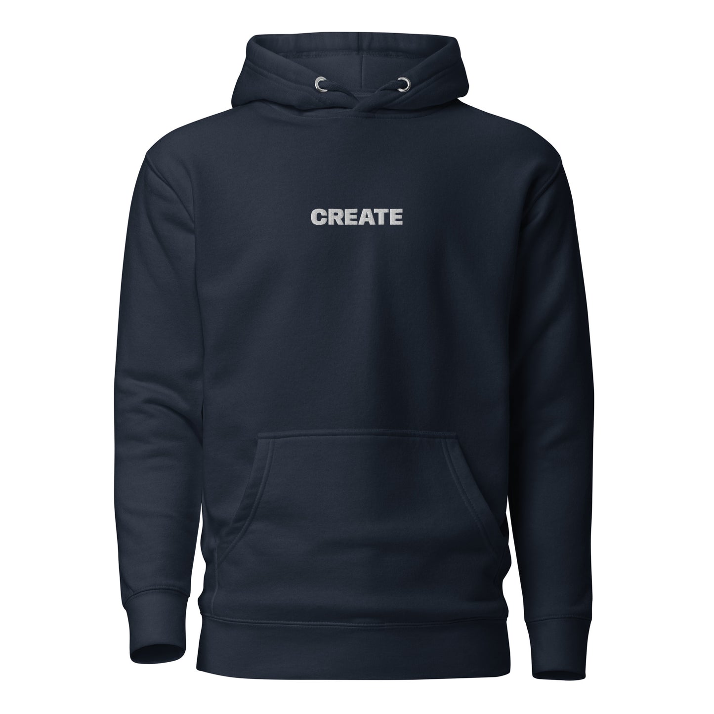 Navy blue "Create" premium hoodie with front pouch pocket, matching drawstrings, and 3-panel hood.