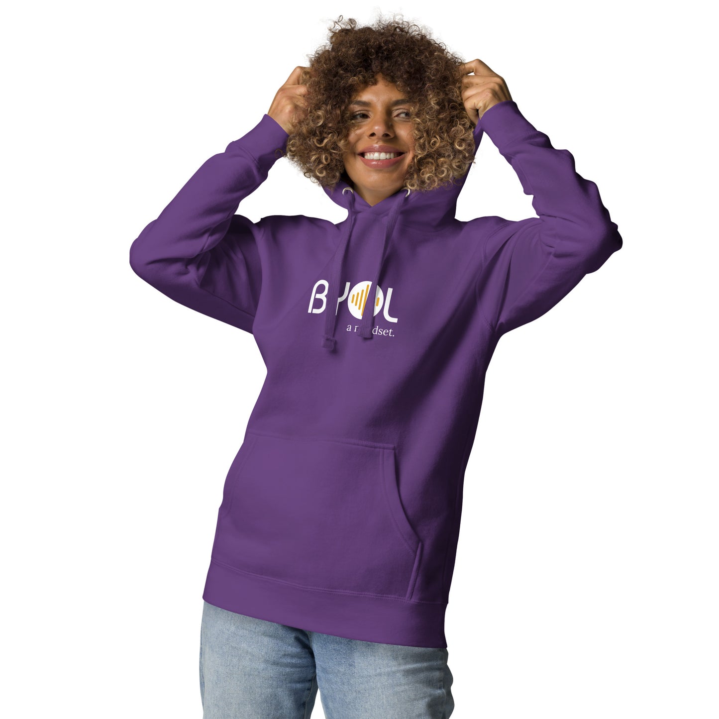 Woman wearing a purple BYOL mindset hoodie with color options in black, dark gray, pink, and light gray, available in sizes S to 2XL.