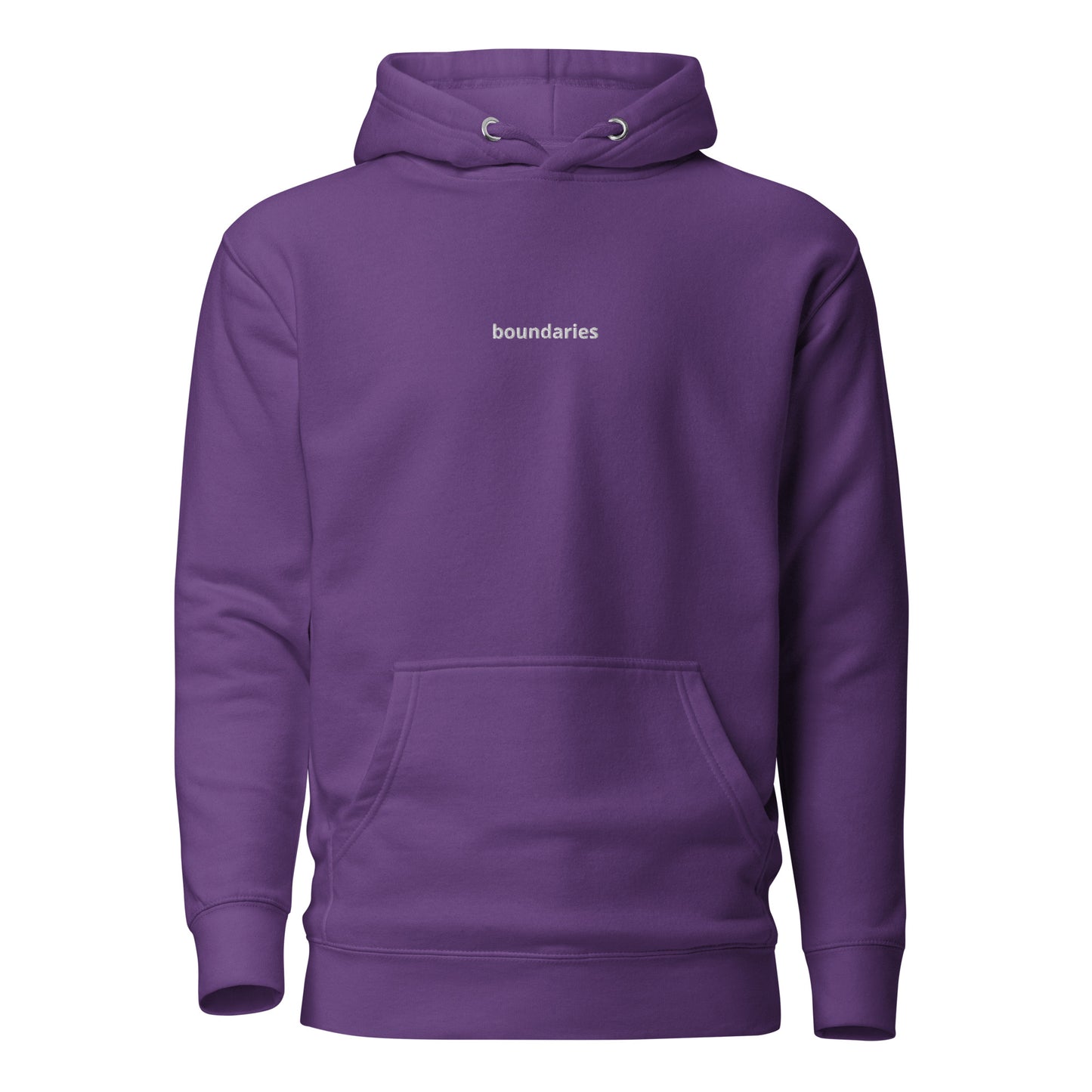 Purple hoodie with 'boundaries' text on the chest.