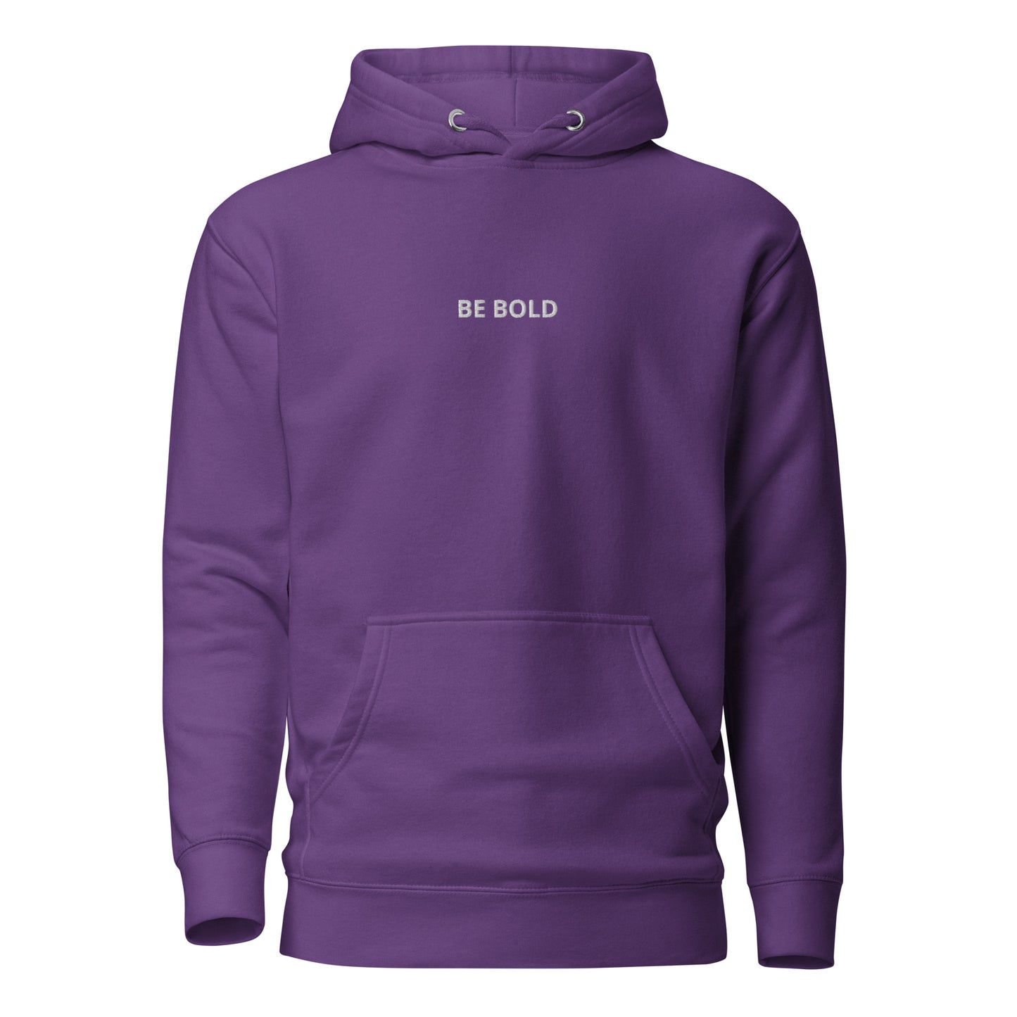 Purple hoodie with 'BE BOLD' text on the chest