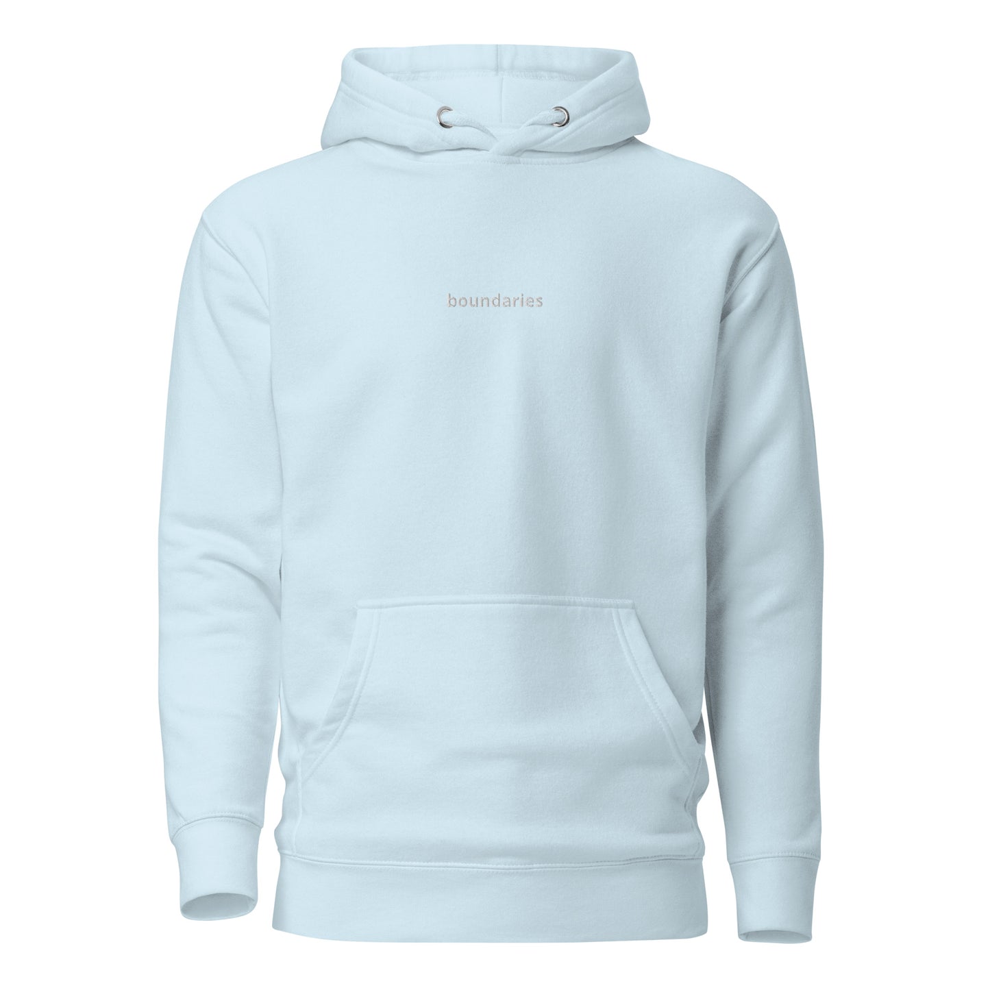 Sky blue hoodie with 'boundaries' text on the chest.