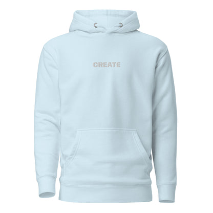 Sky blue "Create" premium hoodie with front pouch pocket, matching drawstrings, and 3-panel hood.