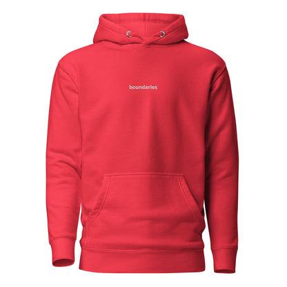 Red hoodie with 'boundaries' text on the chest.