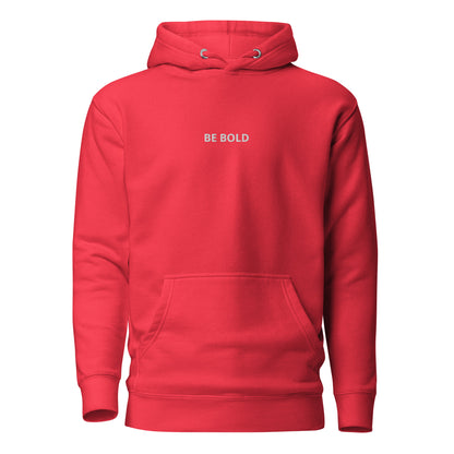 Red hoodie with 'BE BOLD' text on the chest