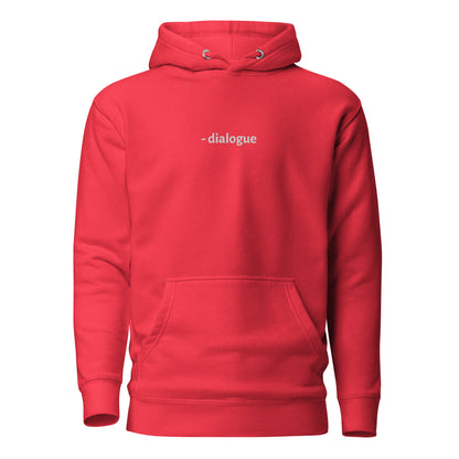 Red "Dialogue" premium hoodie with front pouch pocket, matching flat drawstrings, and 3-panel hood.