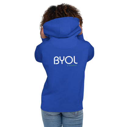 Back view of a woman wearing a royal blue BYOL mindset hoodie with color options in black, maroon, dark gray, and light pink, available in sizes S to 3XL.