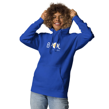 Woman wearing a royal blue BYOL mindset hoodie with color options in black, dark gray, pink, and light gray, available in sizes S to 2XL.