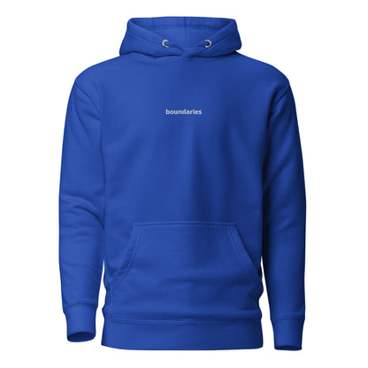 Royal hoodie with 'boundaries' text on the chest.