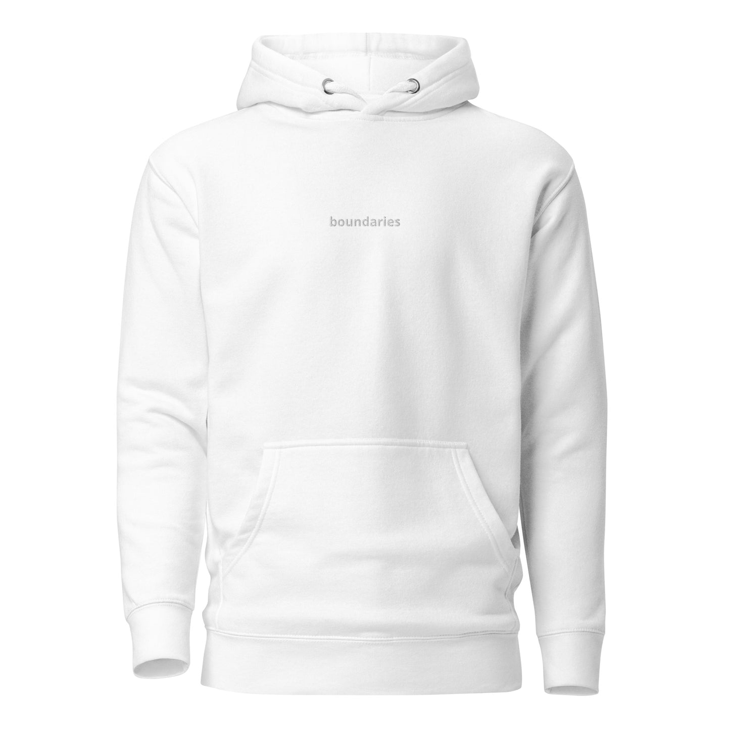 White hoodie with 'boundaries' text on the chest.