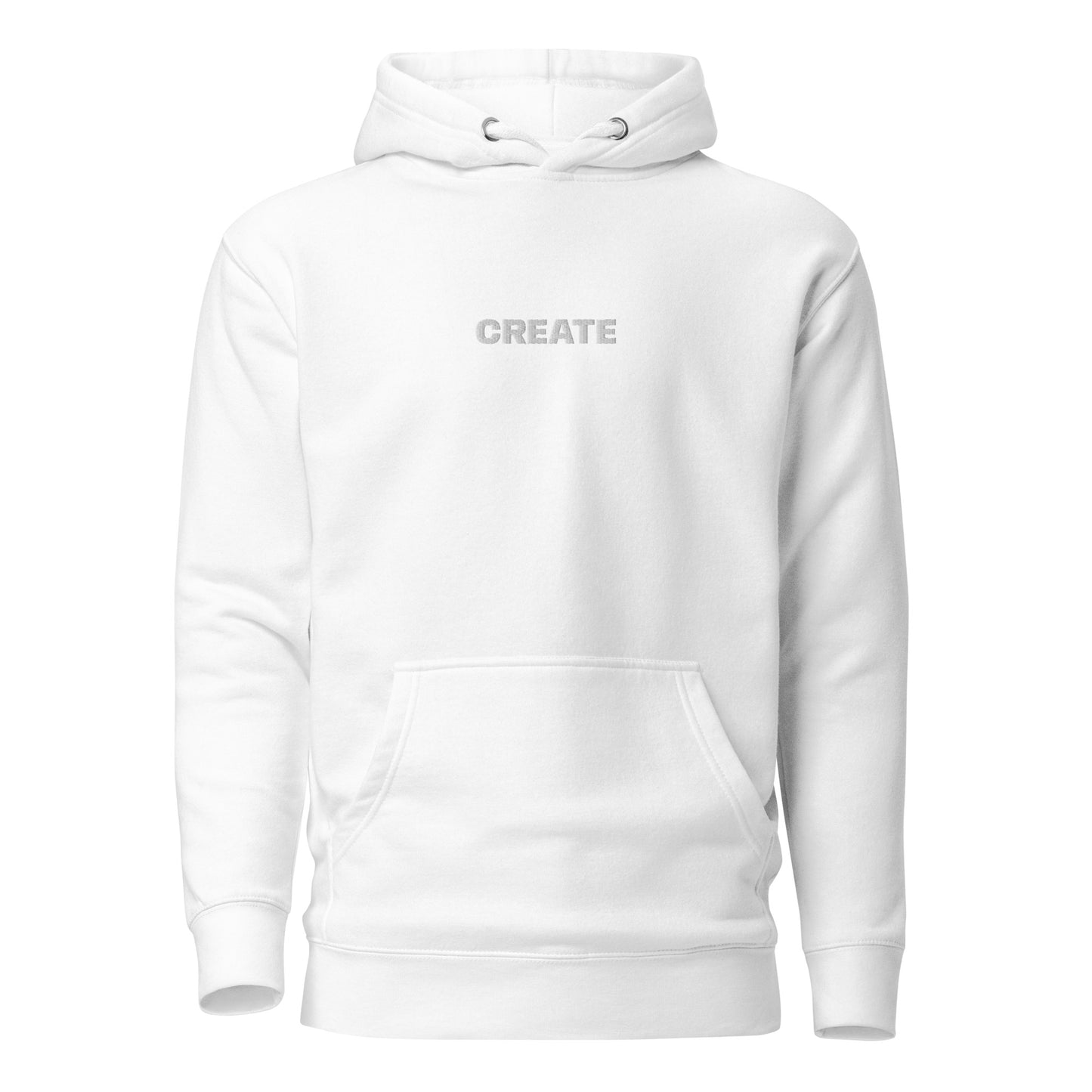 White "Create" premium hoodie with front pouch pocket, matching drawstrings, and 3-panel hood.