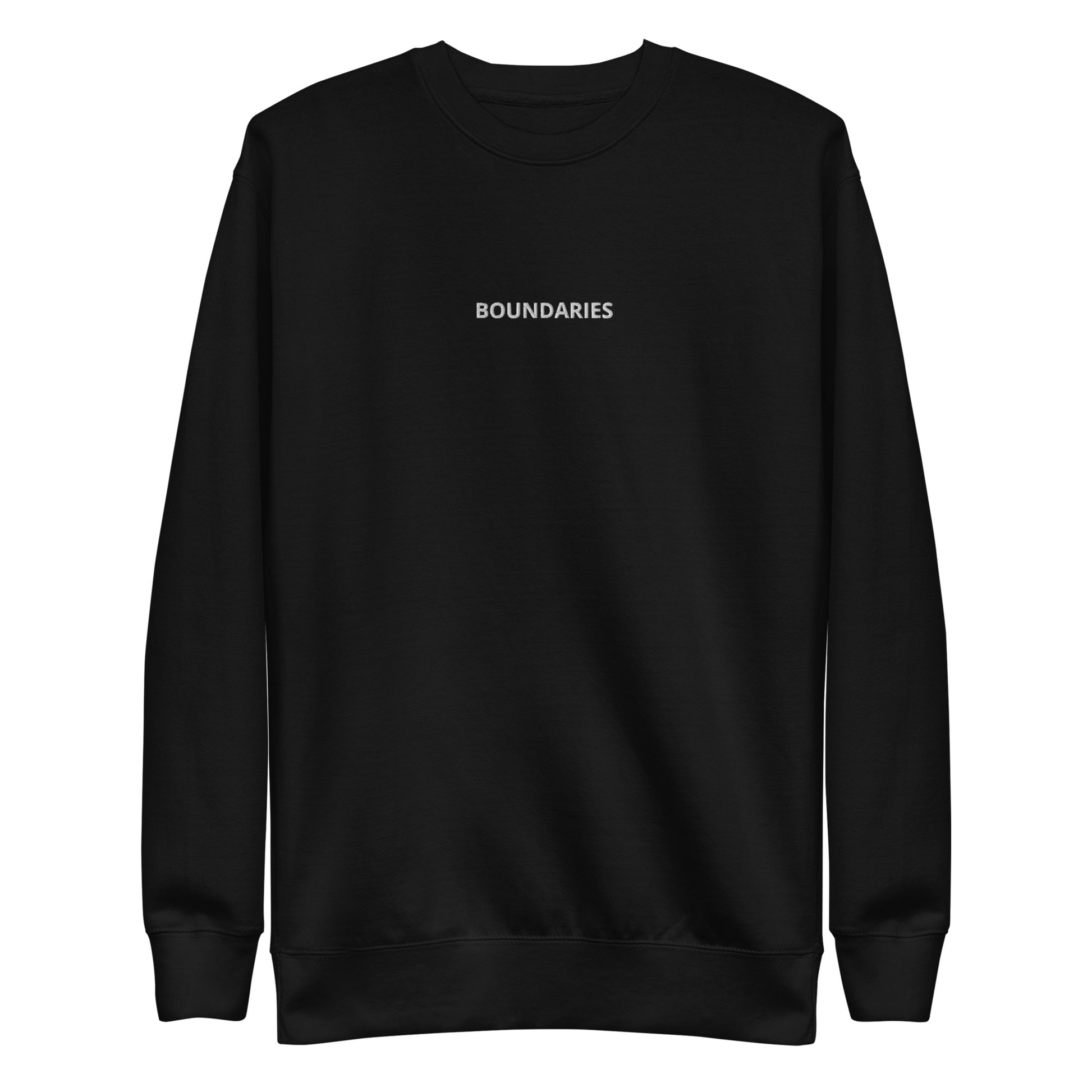 Black "Boundaries" premium crew neck sweatshirt with ribbed cuffs, soft fleece lining, and long sleeves.