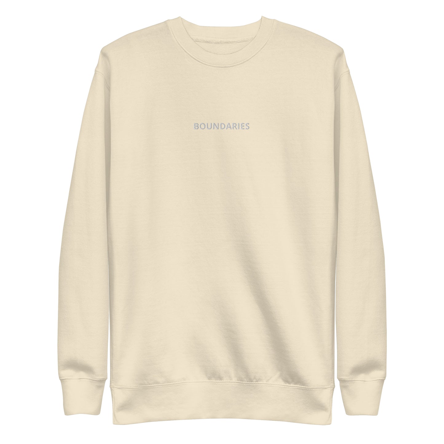 Sand "Boundaries" premium crew neck sweatshirt with ribbed cuffs, soft fleece lining, and long sleeves.