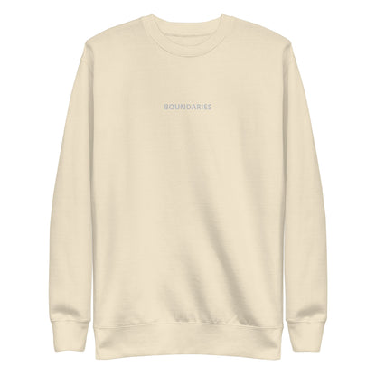 Sand "Boundaries" premium crew neck sweatshirt with ribbed cuffs, soft fleece lining, and long sleeves.