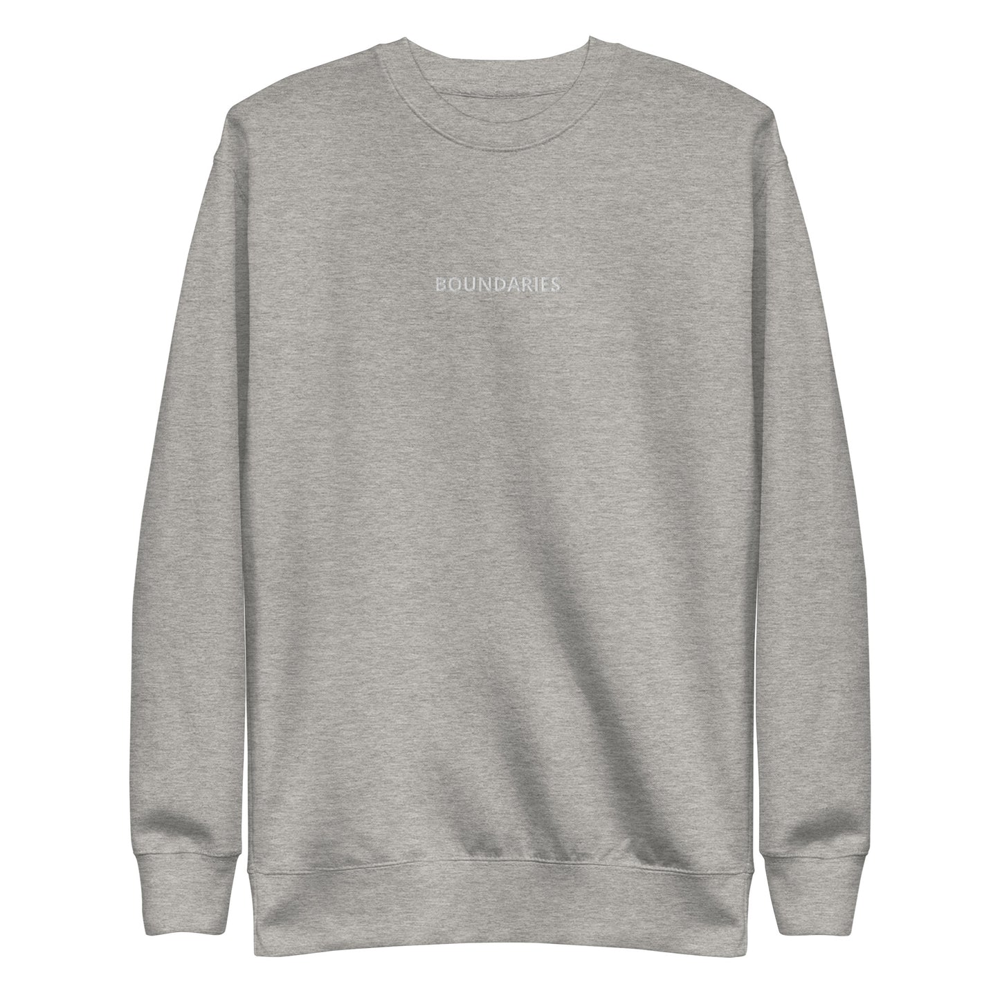 Carbon Grey "Boundaries" premium crew neck sweatshirt with ribbed cuffs, soft fleece lining, and long sleeves.