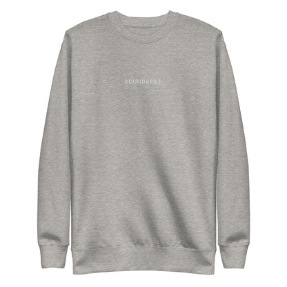 Carbon Grey "Boundaries" premium crew neck sweatshirt with ribbed cuffs, soft fleece lining, and long sleeves.