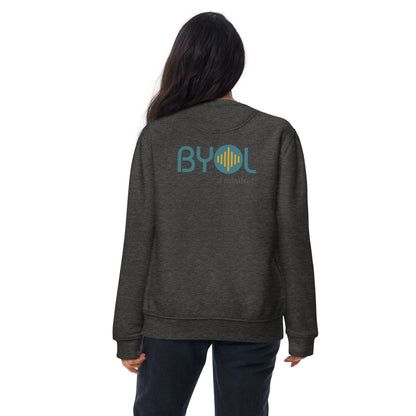 Back view of a woman wearing a charcoal grey BYOL mindset sweatshirt with color options in black, dark gray, pink, and light gray, available in sizes S to 2XL.