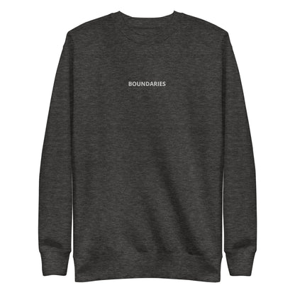 Charcoal grey "Boundaries" premium crew neck sweatshirt with ribbed cuffs, soft fleece lining, and long sleeves.