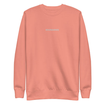 Dusty rose "Boundaries" premium crew neck sweatshirt with ribbed cuffs, soft fleece lining, and long sleeves.