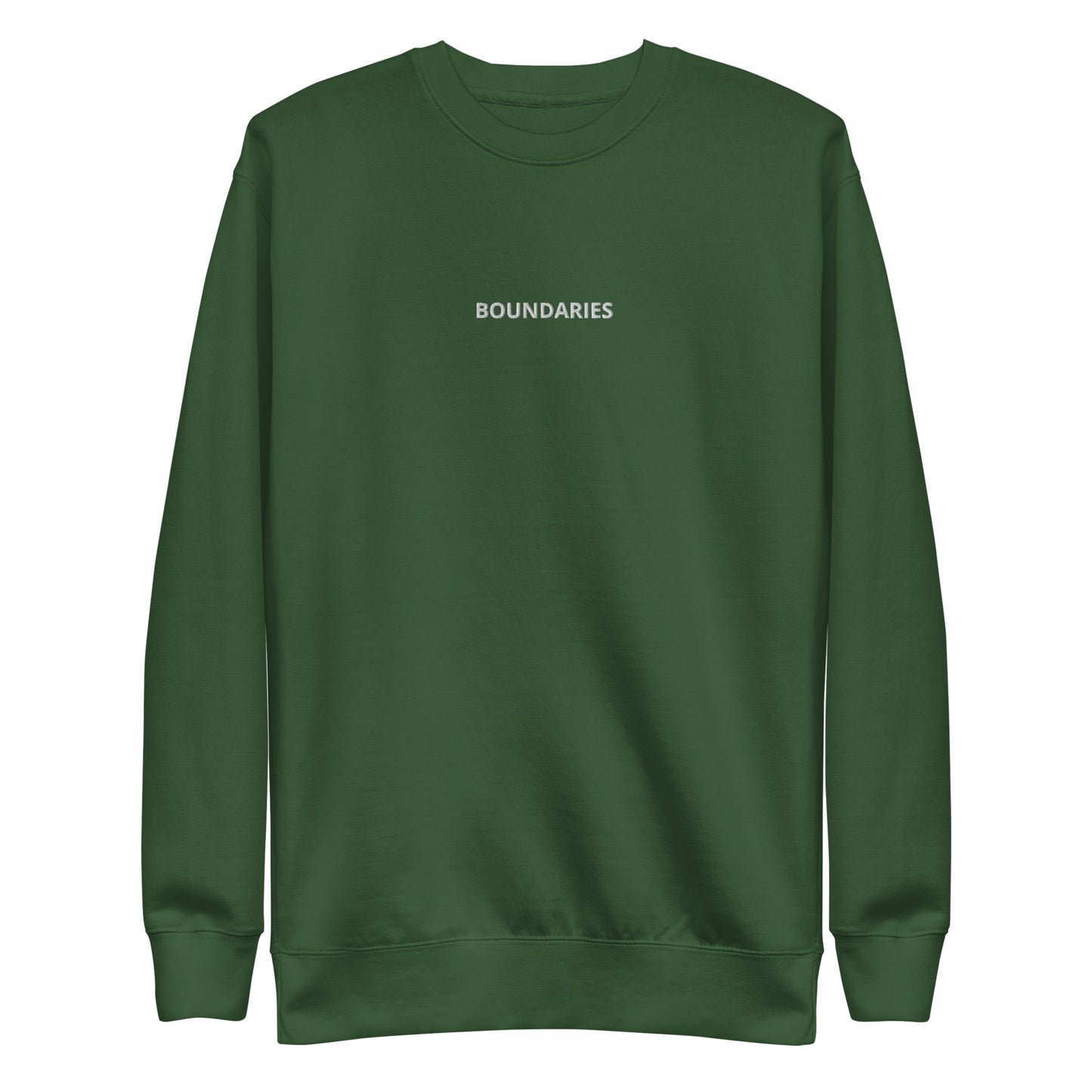 Forest Green "Boundaries" premium crew neck sweatshirt with ribbed cuffs, soft fleece lining, and long sleeves.