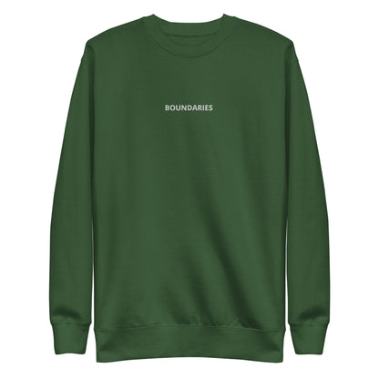 Forest Green "Boundaries" premium crew neck sweatshirt with ribbed cuffs, soft fleece lining, and long sleeves.