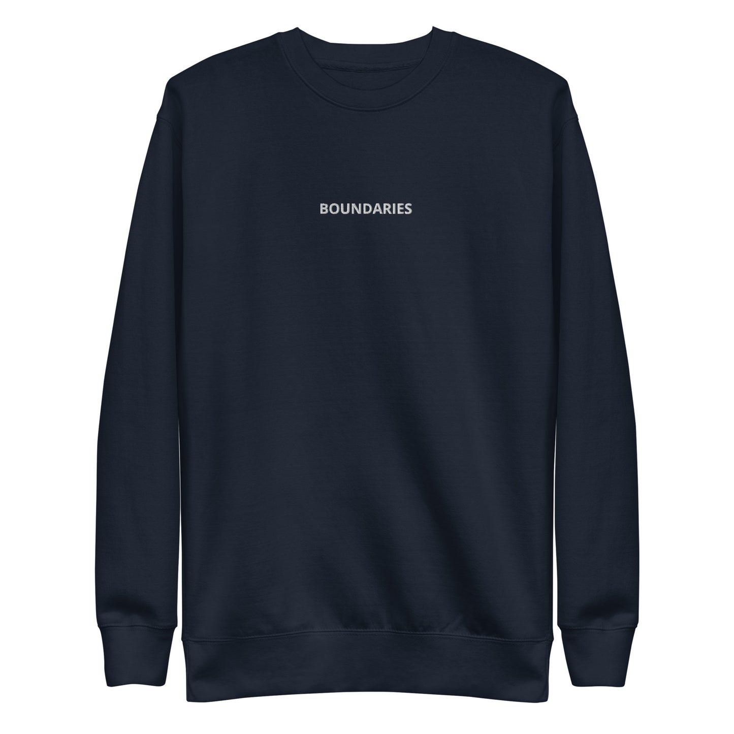 Navy blue "Boundaries" premium crew neck sweatshirt with ribbed cuffs, soft fleece lining, and long sleeves.