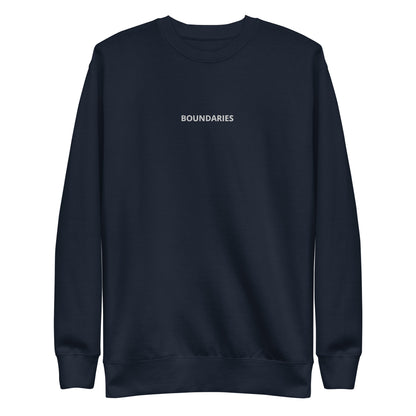 Navy blue "Boundaries" premium crew neck sweatshirt with ribbed cuffs, soft fleece lining, and long sleeves.