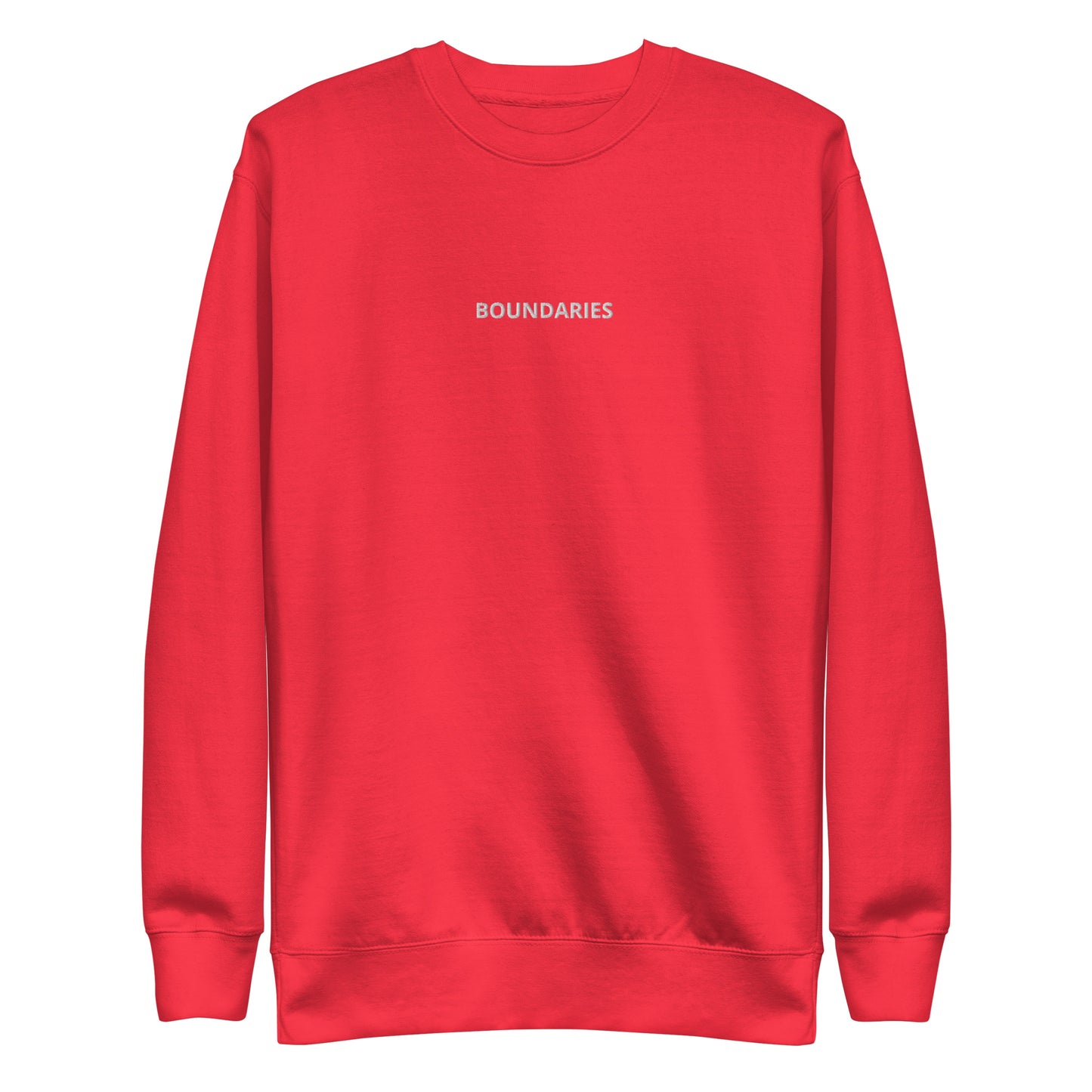 Red "Boundaries" premium crew neck sweatshirt with ribbed cuffs, soft fleece lining, and long sleeves.