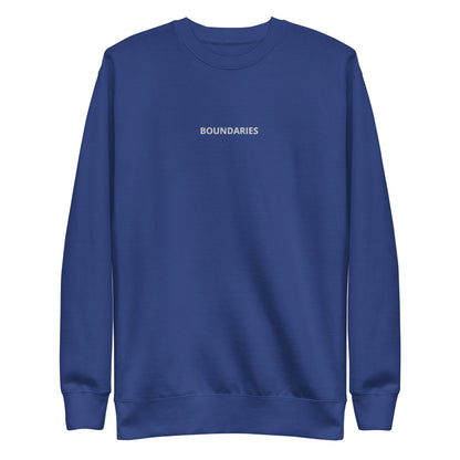  Royal blue "Boundaries" premium crew neck sweatshirt with ribbed cuffs, soft fleece lining, and long sleeves.