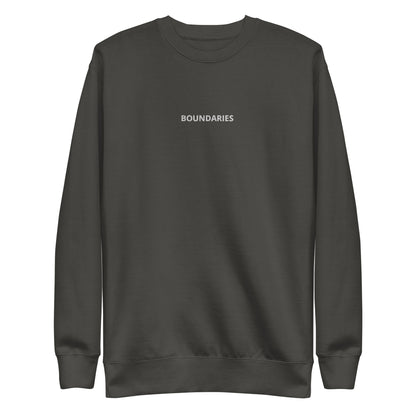 Vintage black "Boundaries" premium crew neck sweatshirt with ribbed cuffs, soft fleece lining, and long sleeves.