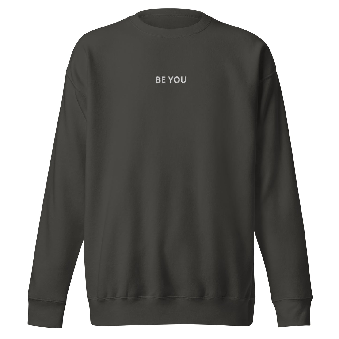 Vintage black embroidered "Be You" premium crew neck sweatshirt with soft fleece interior, ribbed cuffs, and hem.