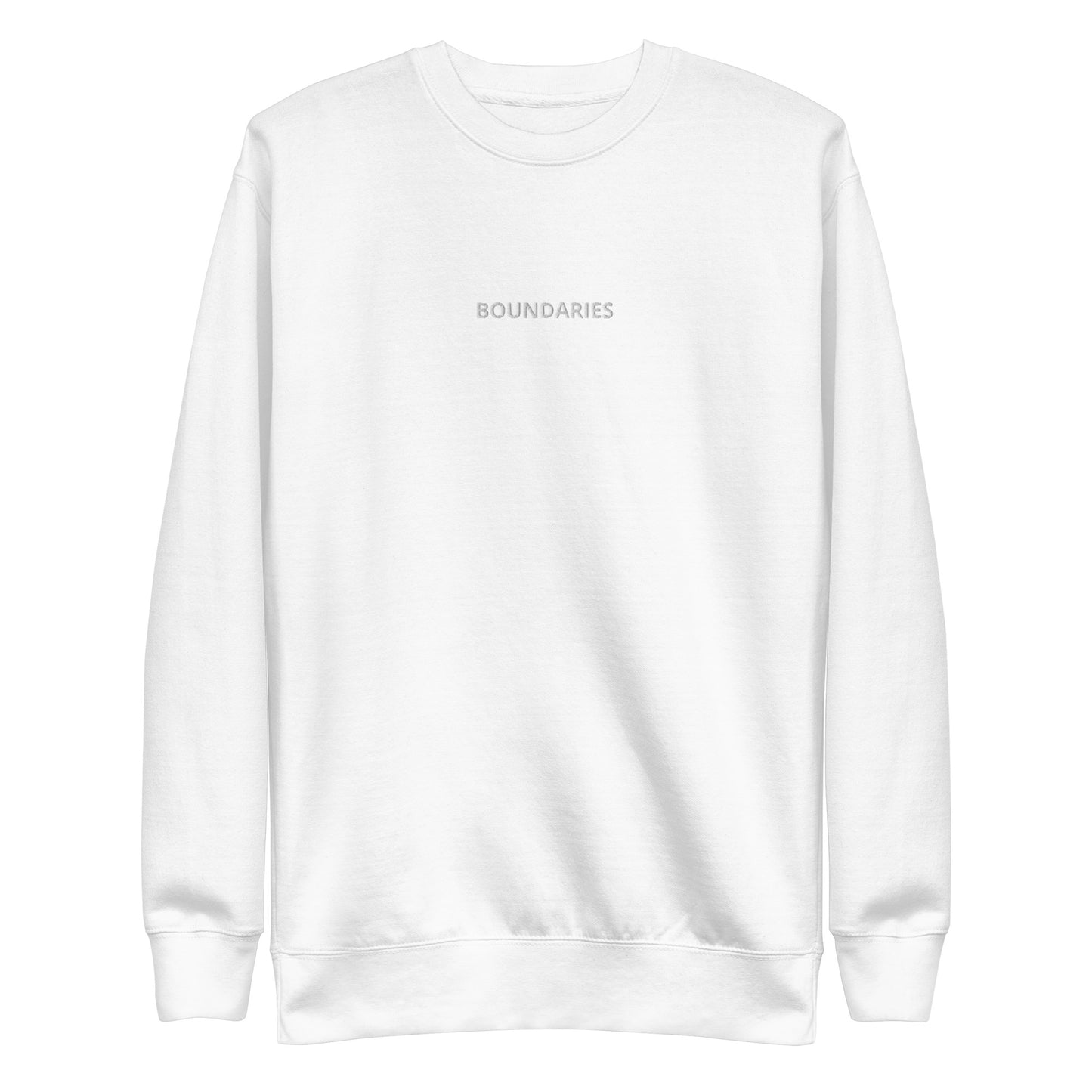 White "Boundaries" premium crew neck sweatshirt with ribbed cuffs, soft fleece lining, and long sleeves.