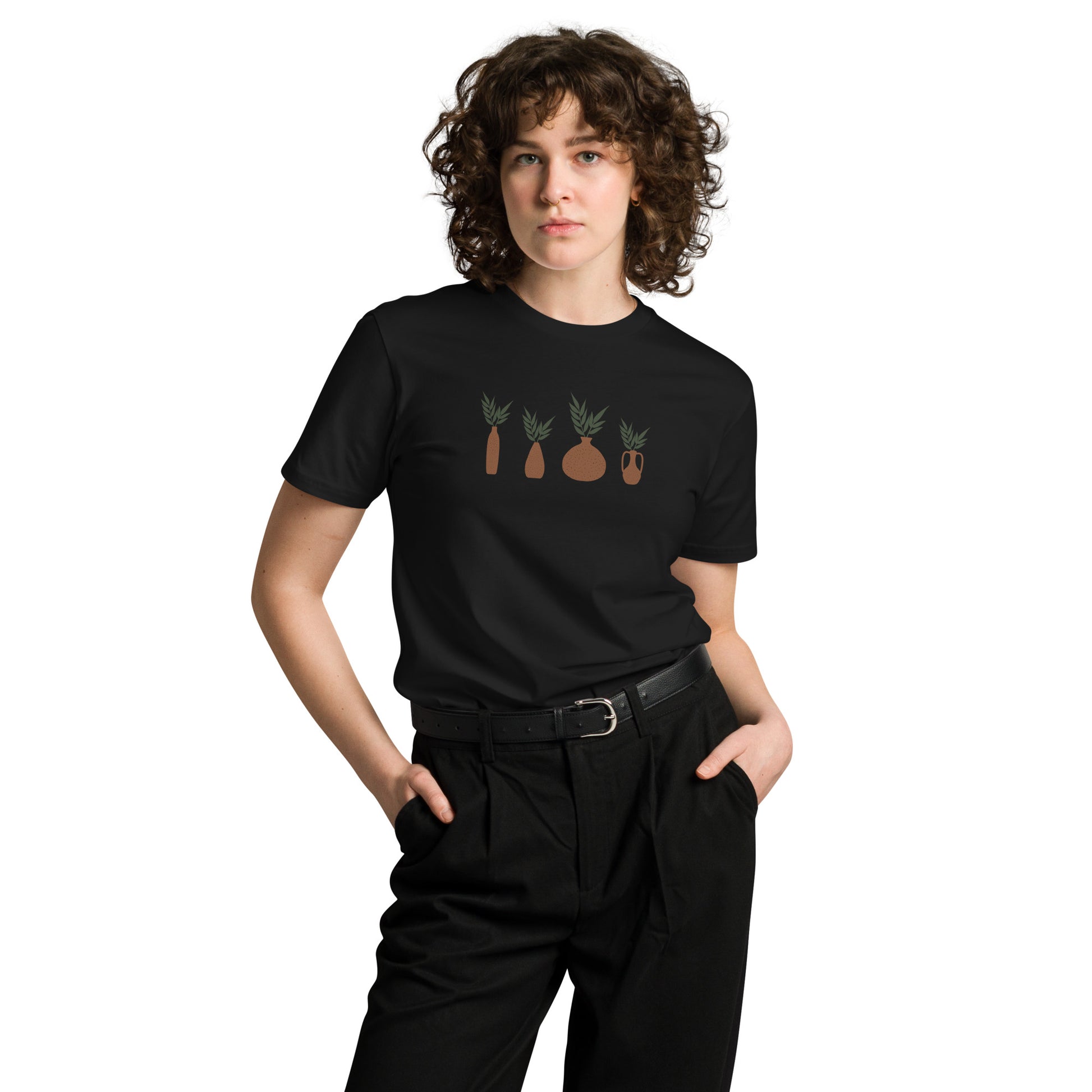 Women's Premium Black Tee with colorful potted plants design, featuring various botanical illustrations on a black tee, perfect for subtle nature-inspired self-expression.